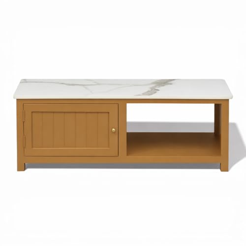 Image of Solid Wood Center Table Premium Sintered Stone Coffee Table for Living Room Wooden Centre Table Premium Acrylic Terracotta Brown 110 x 60 x 40 cm