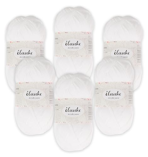 ilauke 6x50g/150m Wolle zum Häkeln - Weiß Weich Acrylgarn zum Stricken - 80% Polyacryl Häkelgarn - Nadelstärke 2,5-4,0 - Kunsthandwerk Garn zum Stricken