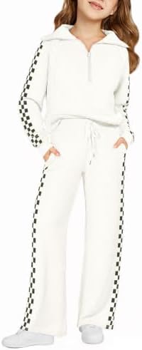 Haloumoning Girls 2 Piece Outfits Checked Sweatsuit Half Zip Long Sleeve Sweatshirts Sweatpants Tracksuit Sets