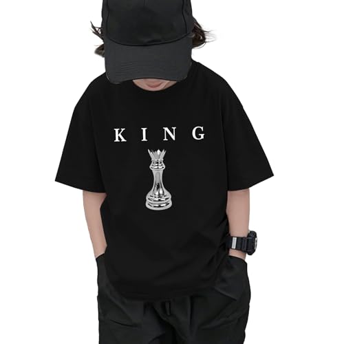 Image of Boys Graphic Tee King Chess Printed T-Shirt Kids Cool Designer Shirts Short Sleeve Shirt Clothes for Teen Boy Trendy