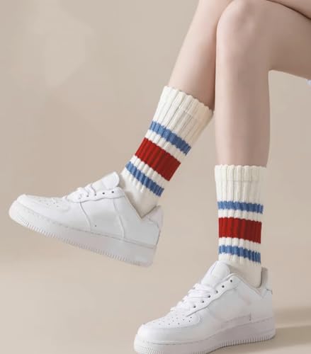 Image of 3 Pairs Women Striped Tube Socks Fun Novelty Cute Crew Socks Retro Sport Mid-Calf Socks for Women Grils