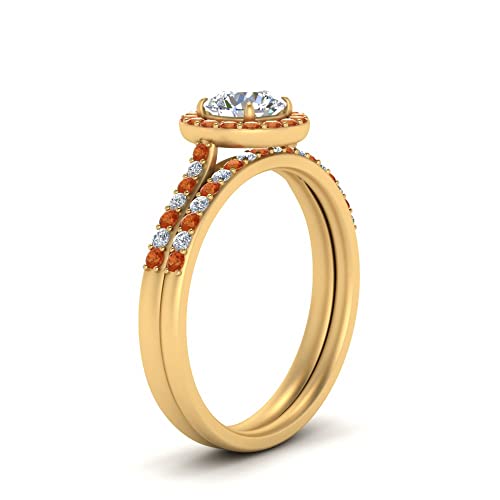 Image of Choose Your Gemstone Round Halo Ring with Matching Pave Band Yellow Gold Plated Round Shape Wedding Ring Sets Everyday Jewelry Wedding Jewelry Handmade Gifts for Wife US Size 4 to 12