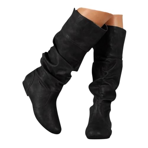 EIYEI Women's Slouchy Mid Calf Boots,Womens Mid-Calf Boots Knee High Pull on Fall Weather Slouchy Flat Boots Low Hidden Wedge Boots Vintage Roman Shoes Ruched Leather Booties Long Tall Boots
