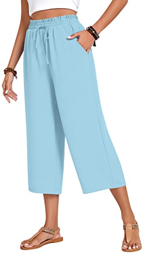 Image of Anyhold Women's Capri Pants Drawstring Casual Palazzo Trousers with Pockets Loose High Waisted Wide Leg Lounge Pants