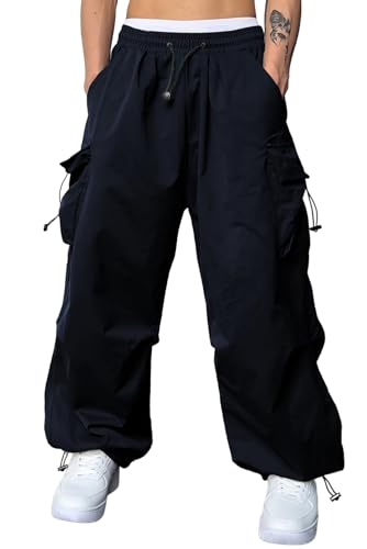 JMIERR Men's Casual Lounge Travel Parachute Pants Wide Leg Trousers Beam Feet Harem Baggy Sweatpants Cargo Streetwear Pants for Fall Essentials Clothes Trendy Street Wear,L, Navy Blue