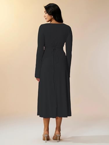 Image of Shasmi Women's Square Neck A-Line Dress - Long Sleeve, Tie Waist, Knitted Stretchable, Casual & Office Outfit, Solid Winter Midi Dress for Women (Dress 221)