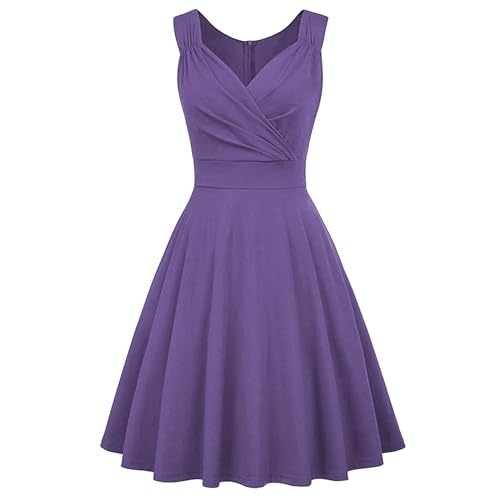 Robe midi de cocktail violette ajustée sans manches en S pour femme avec col en V froncé