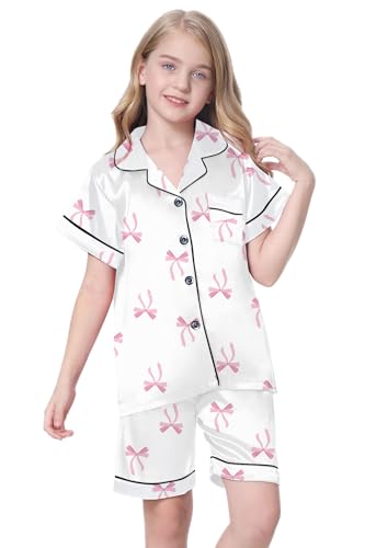 Image of Schbbbta Women Pajamas Set, 2 Pcs Satin Silk Pjs Button Down Sleepwear Soft Comfy Short Sleeve Outfits