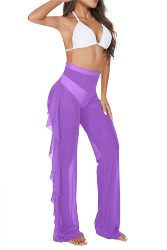 Image of Jumppmile Women's Ruffle Sheer Mesh Swimwear Bikini Cover Up Pants See Through