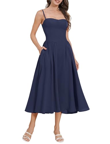 Image of ABEHIK Casual Dresses for Women Boho Spaghetti Strap Corset Midi Dress with Pockets Low Cut Flowy Pleated Bustier Sundress