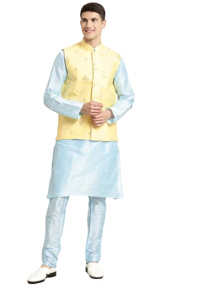 Image of SOJANYA (Since 1958, Men's Silk Blend Grey Kurta Pyjama & Silk Blend Jacket Combo