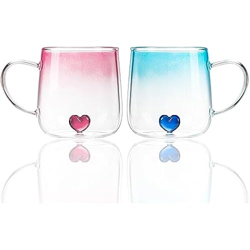 Glass Coffee Mugs with Heart Insaid, 16OZ Aesthetic Glasses Drinking Cup Tea Cup Wish Cup, Unique Valentine's Day Gift for Her (Gradient Pink and Blue)