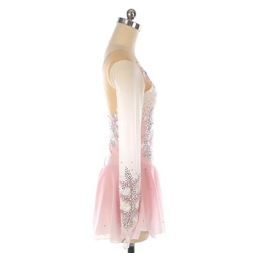 Fato de patinação artística para meninas, fato de competição de elastano rosa, vestido de patinação