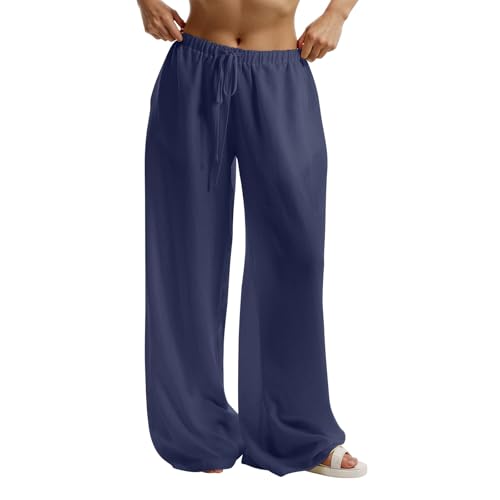 Wide Leg Linen Pants for Women Casual Summer Flowy Palazzo Pants Drawstring Loose Fit Yoga Beach Pant with Pockets3