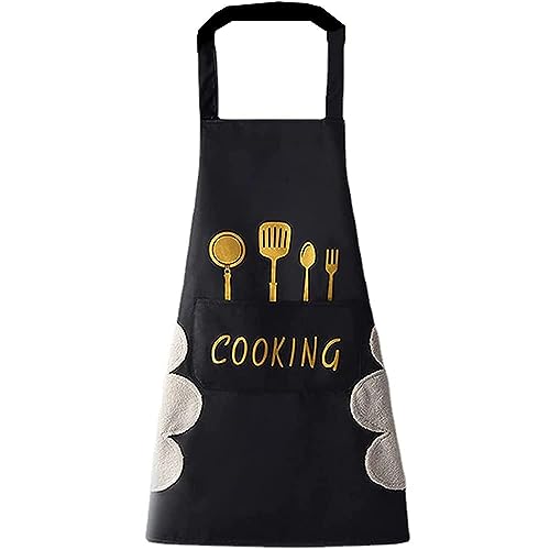 DOCAT Apron for Kitchen Cooking Waterproof Apron for Women Men with Pockets and Side Coral Velvet for Wiping Hands Towel Grill Cooking BBQ Kitchen Accessories items for Home