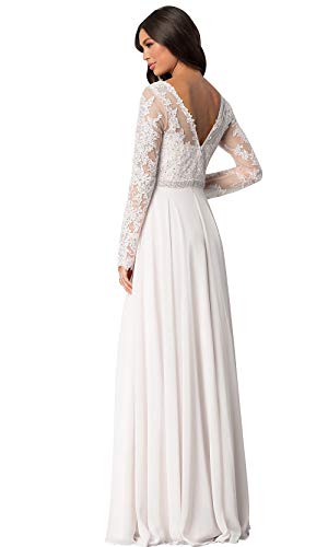 Aofur Womens Long Sleeve Chiffon Party Evening Dress Formal Wedding Prom Cocktail Ladies Lace Maxi Dresses (Large, White)