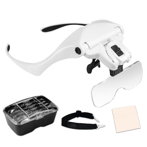 MOACC Lupa con Luz 2 LED, Lupas de Aumento para Modelismo,Reparaciones,Coser,Soldadura,Eliminar Piojos,Pegar Piezas Pequeñas,Joyería y Relojería - 5 Lentes Intercambiables (1.0X a 3.5X)