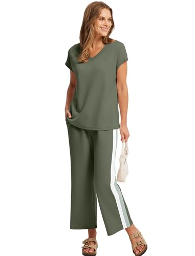 Image of Saloogoe Two Piece Sets for Women Summer Outfits Lounge Sets V Neck Tops Wide Leg Pants Woman Vacation Travel Outfits
