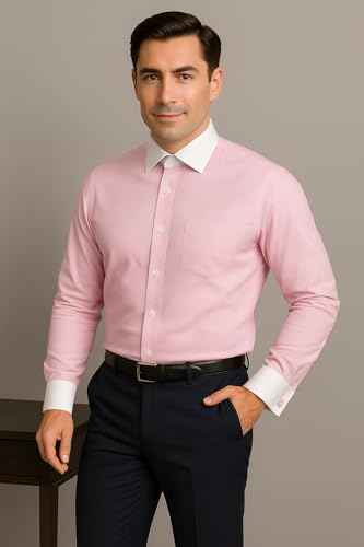 Image of Men's Premium Cotton Formal Dress Shirt - White Collar & French Cuffs with Cufflinks | Solid White, Micro Check & Striped for Office, Wedding