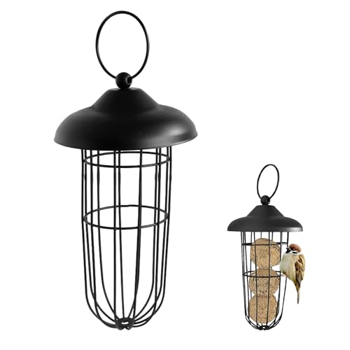 1 mangeoire pour oiseaux en grille noire, support de boules de mésanges avec toit, support de boules de maïs à suspendre, mangeoire pour oiseaux, la meilleure façon de nourrir les oiseaux, design