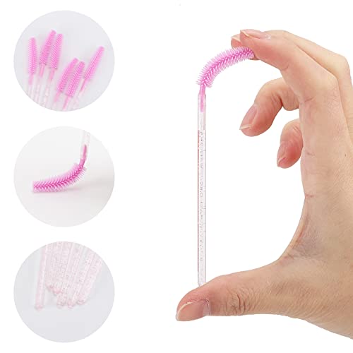 Tbestmax 100 Pcs Silicone Mascara Wands, Disposable Eyebrow Spoolies Brush For Eyelash Extensions, Pink Crystal Lash Brushes With Container #TOP2