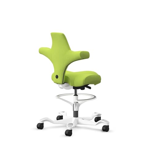 Image of HAG Capisco Sit to Stand Chair-White Frame-Upholstered Bright Green-with Foot Ring