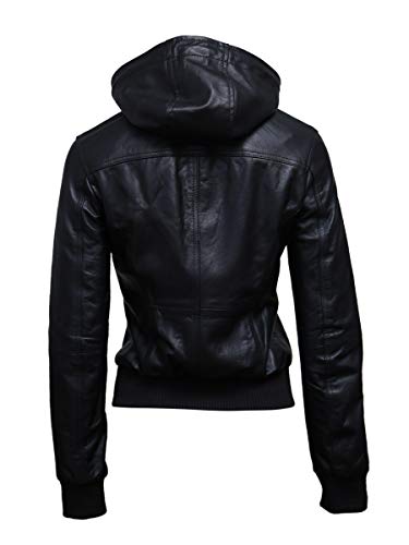 Artistry Womens Genuine Lambskin Leather Motorcycle Jacket with Removable Leather Hood Black - Hooded leather bomber jacket3