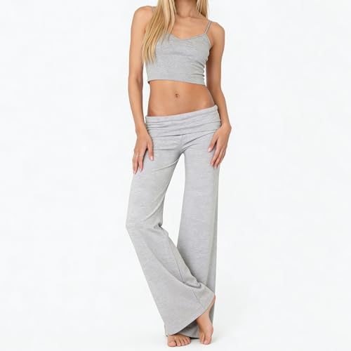 Image of Lounge Yoga Pants for Women Fold Over Low Waist Wide Leg Bell Bottoms | Y2K Foldover Pants, Flare Leggings, Low Rise Yoga Sweatpants