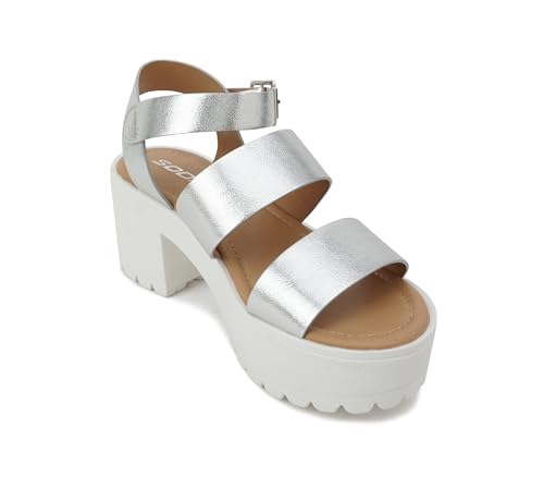 Image of Soda ACCOUNT ~ Women Open Toe Two Bands Lug sole Fashion Block Heel Sandals with Adjustable Ankle Strap