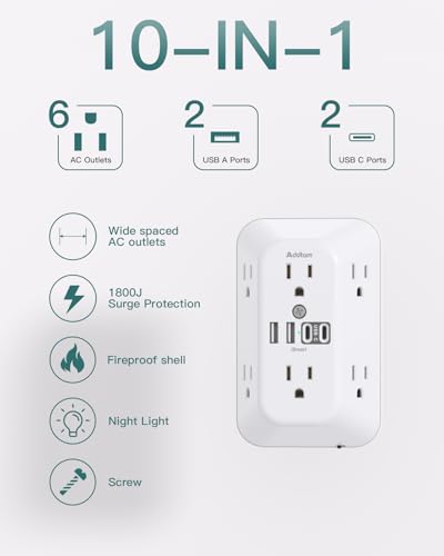 Addtam Surge Protector, 6 Outlet Extender with Night Light and 4 USB Ports