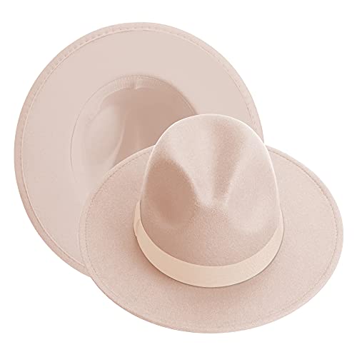 KUJUHA Mens Womens Felt Fedora Hats Two Tone Wide Brim Fedora Hats for Women Men Cream