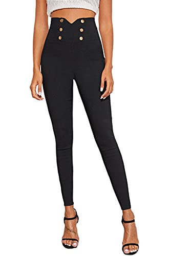 Floerns Women s Elastic High Waisted Stretchy Jeans Button Front Denim Pants Black S