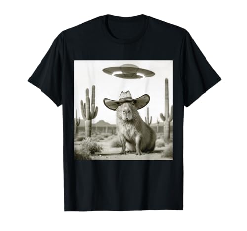 Cowboy Capybara Selfie Alien UFO Funny Capybara homens meninos t-shirt