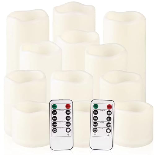 Image of Enpornk Flameless Battery Operated Outdoor Waterproof Set of 12(D: 3 inch x H: 3 inch 4 inch 5 inch 6 inch) Pillar LED Candles with 10-Key Remote and Cycling 24 Hours Timer