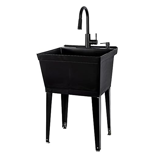 Black Utility Sink with High Arc Black Faucet by VETTA by JS Jackson Supplies, Pull Down Sprayer Spout, Heavy Duty Slop Sink for Washing Room, Basement, Shop, Free Standing Laundry Tub Deep Plastic