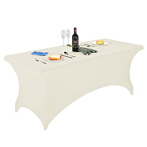 Image of FORLIFE 6FT Spandex Tablecloth, Fitted Rectangular Table Cover for 72 inchL X 30 inchW X 30 inchH Tables, Universal Stretch Patio Table Cover for Wedding, Banquet, Party (Ivory)