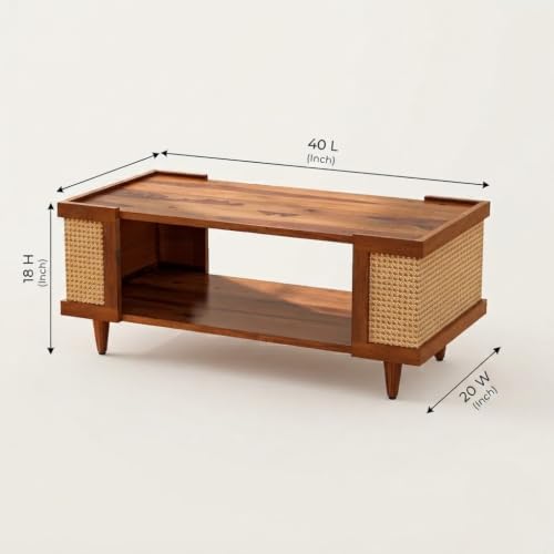 Image of Wooden Centre Table for Living Room | Modern Coffee Table with Cane Rattan Side Panels & Open Storage Shelf | Rectangle Center Table for Home, Drawing Room & Office | Solid Wood Tea Table