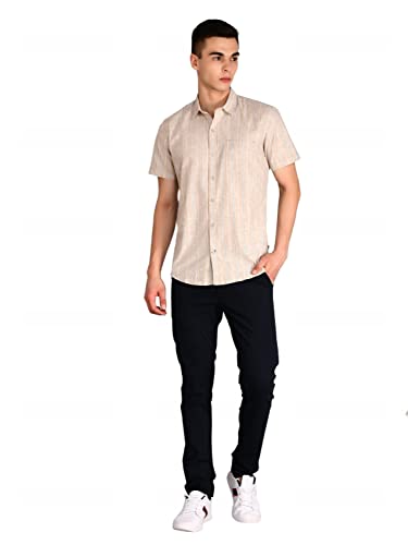 Image of Men's Grey Linen Striped Shirt - Lightweight and Comfortable Casual Shirt