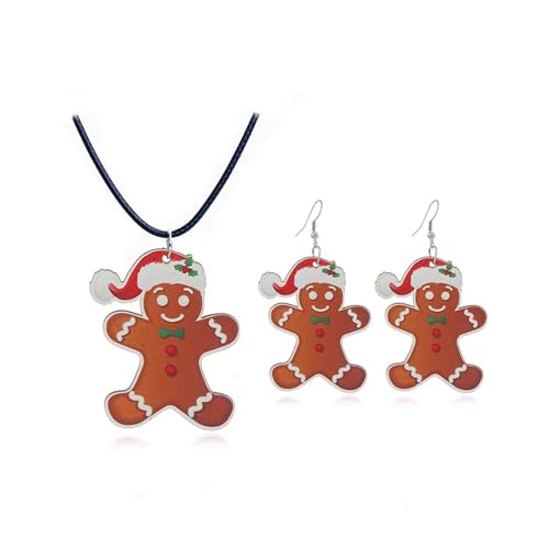 Wooden Christmas Gingerbread Dangle Drop Earrings Necklace Lightweight Handmade Fun Cartoon Christmas Gingerbread Man Cookie Jewelry Sets for Women Xmas Winter Festival Holiday Party Jewelry Gifts (Red hats)