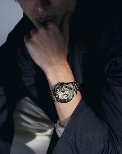 Image of OLEVS Men Automatic Watch Diamond Skeleton Mechanical Luxury Self Winding Moon Phase Calendar Waterproof Wrist Watch for Men