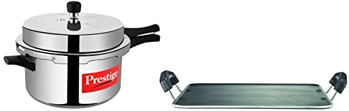Image of Prestige Popular Aluminium Pressure Cooker, 7.5 Litres, Silver & Prestige Aluminium Omega Select Plus Residue Free Non-Stick Heavy Gauge Square Tawa, 30 cm, Black