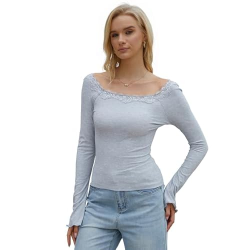 Long Sleeve Shirts for Women Going Out Tops Bell Sleeve Micro Ribbed Knit Boat Neck Backless Cropped Tops Lace Trim Grey Large