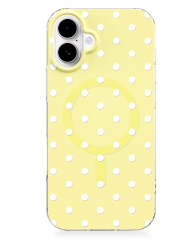 Feams for iPhone 16 Case [Compatible with Magsafe] Slim Shockproof Protective TPU Phone Cover for iPhone 16 6.1" Women Girls, Yellow White Polka Dot