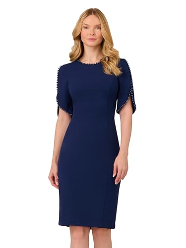 Image of Adrianna Papell Women's Knit Crepe Pearl Midi Dress | Knee Length Cocktail Dress with Pearl Trim & Tailored Fit
