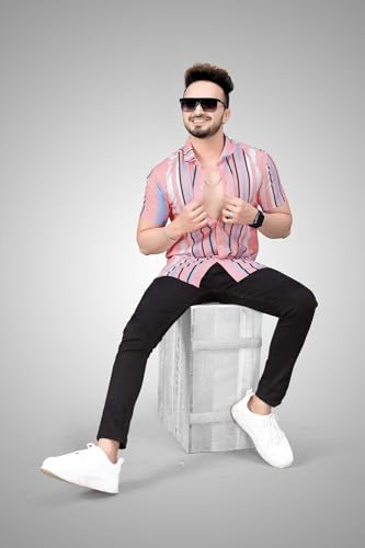 Image of LookMark Men's Stylish Lycra Blend Half Sleeve Shirt with Spread Collar - Featuring Trendy Prints for Casual Wear