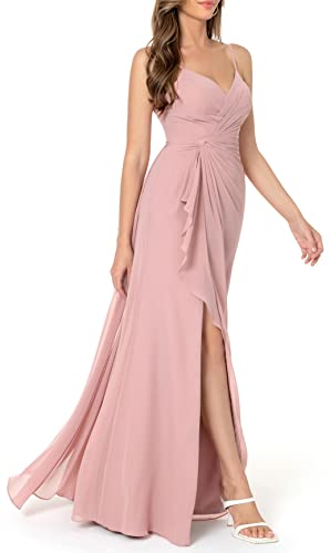 Women's V Neck Spaghetti Split Formal Wedding Evening Cocktail Party Long Bridesmaid Dress（M） (As1, Alpha, S, L, Regular, Regular, Pink, M) #TOP2