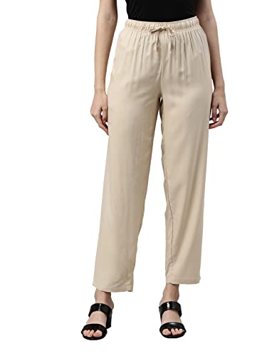 Image of GO COLORS Women Solid Mid Rise Relaxed Fit Viscose Casual Pants