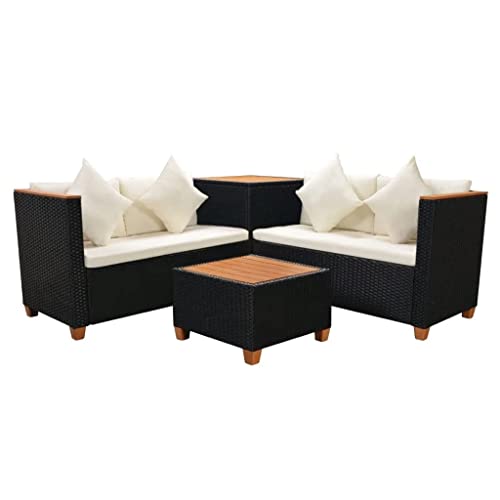 Vidaxl Patio Furniture Set 4 Piece, Patio Conversation Set With Cushions, Outdoor Sectional Sofa With Coffee Table For Garden, Poly Rattan Black #TOP3
