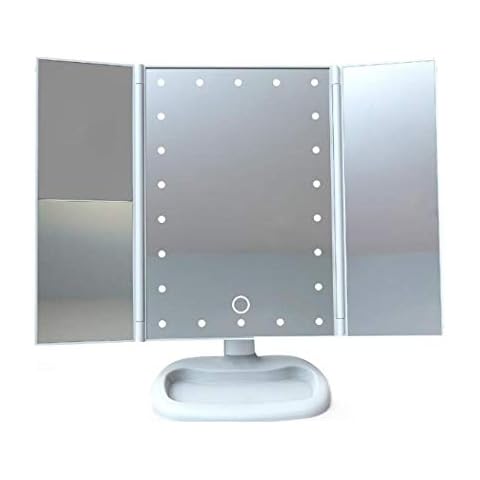 WANGXIAOLINjingzi Tri-fold Illuminated Vanity Mirror Makeup Mirror with 22 LED Lights 1x/2x/3x Magnification Dimmable Touch Screen 180° Rotation for the Countertop Cosmetic White Cover