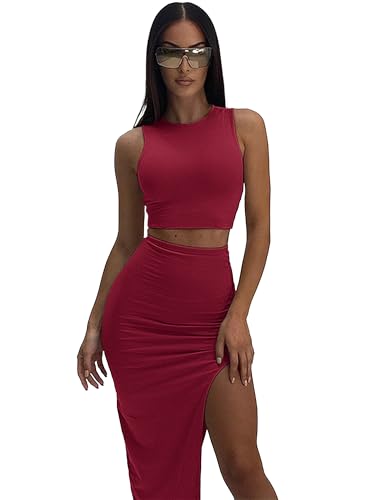 Image of ELLEVEN Sexy 2 Piece Maxi Skirt Sets for Women, Going Out Outfits | High Stretch, Lightweight, Slim Fit, Sleeveless Knit Crop Tank Top, High Slit Skirt Dress Set, Summer Date Night Outfits